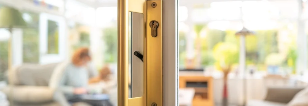 Tiefenschärfe auf einen goldfarbenen Griff, der an geöffneten Terrassentüren zu sehen ist.